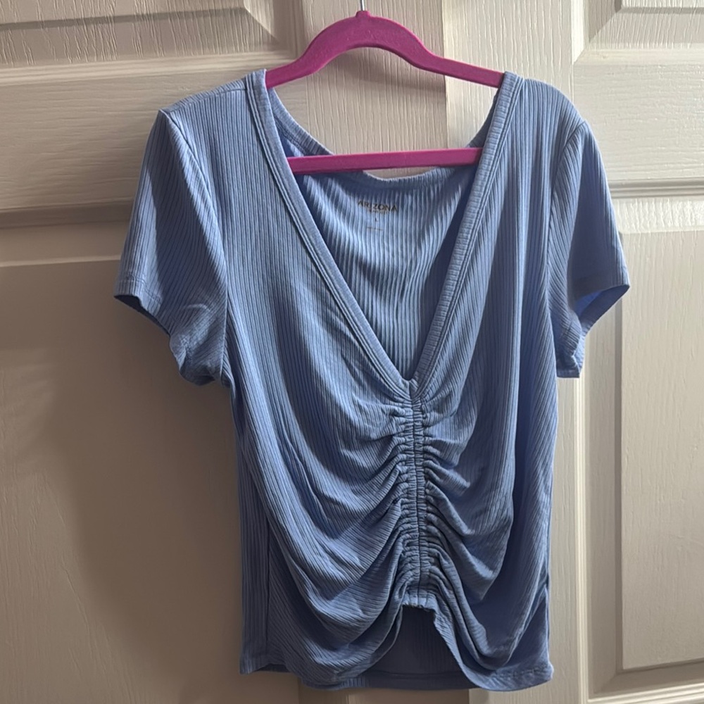 Blue Ruched V-Neck Top